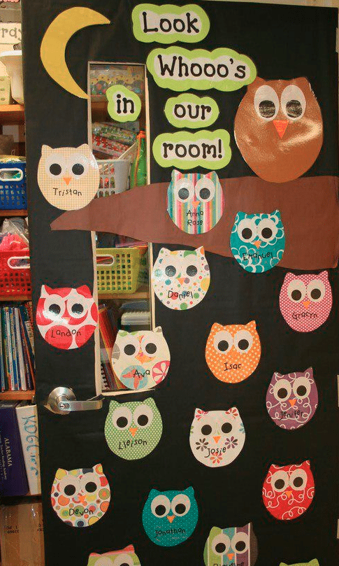 Door decoration of owls labelled with names of students and the words 