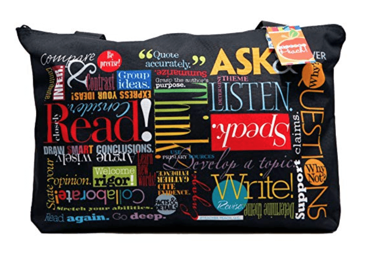 Black tote bag with inspirational saying like Read! and Collaborate!