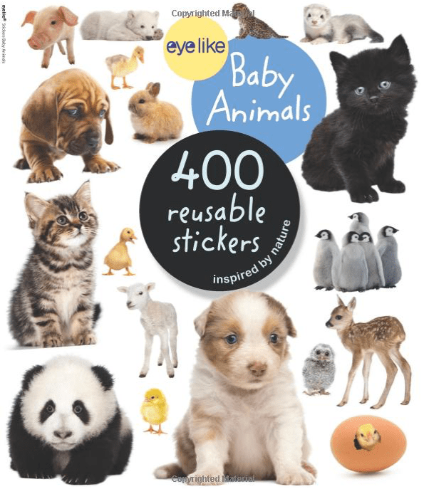 Cover sheet of 400 reusable stickers of baby animals.