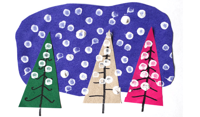 Snowy day collage with construction paper trees and paint.