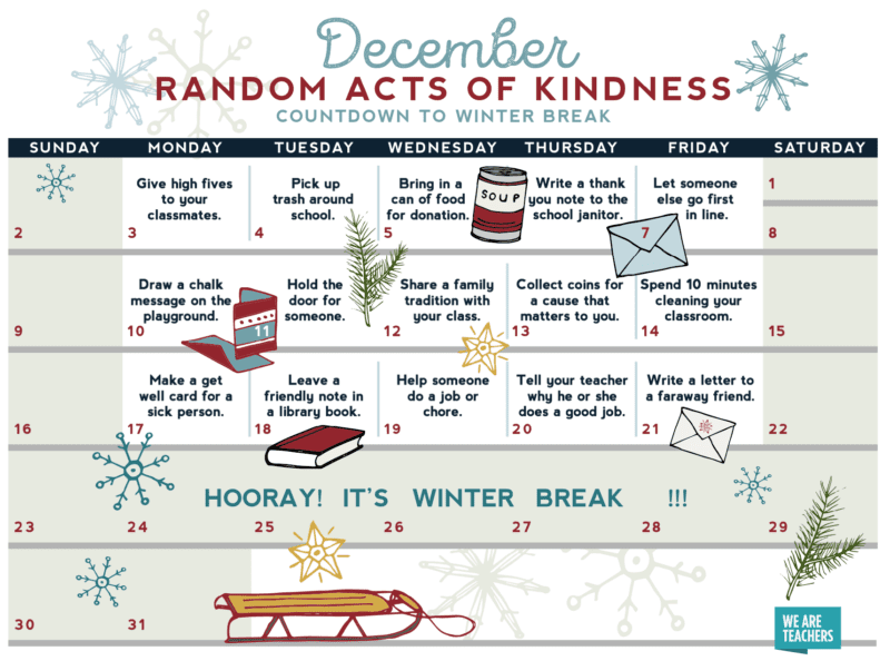 Random Acts of Kindness Calendar Free Printable for the Classroom