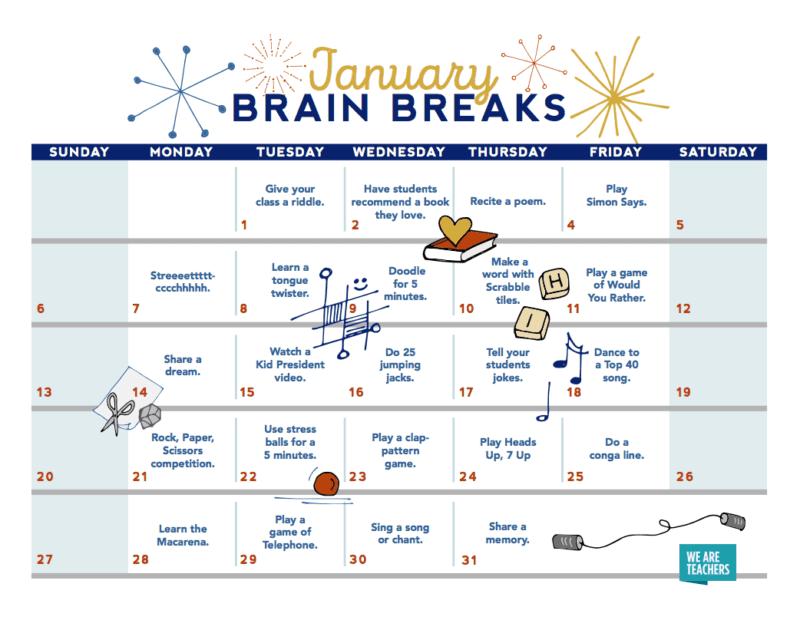 Brain breaks free printable calendar for teachers and students
