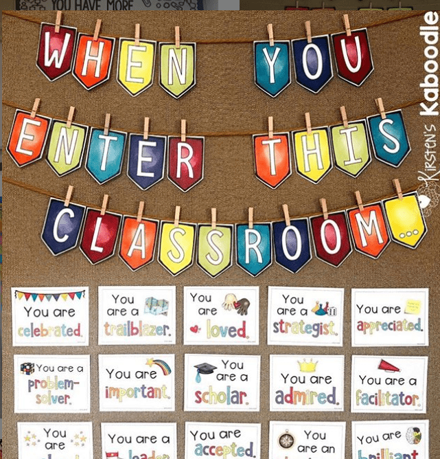 Bulletin board reading When You Enter This Classroom with cards saying 
