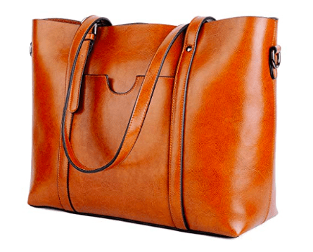 Light brown leather tote bag with front pocket