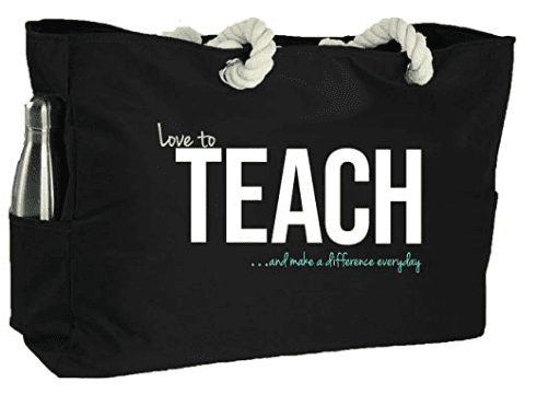 Large black tote bag with rope handles, screen printed with Love to TEACH... and make a difference everyday