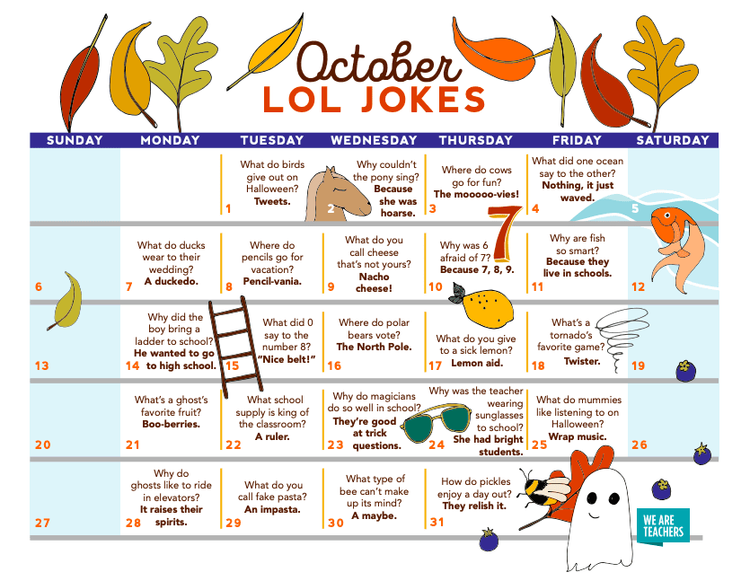 Free Printable October Calendar of Classroom Jokes