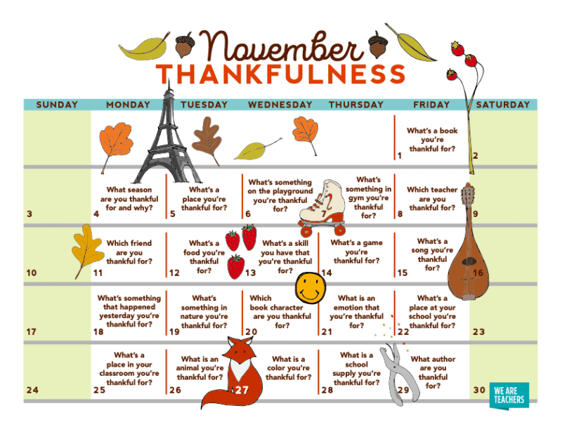 Free Nov 2018 Thanksgiving Thankfulness Calendar for Teachers