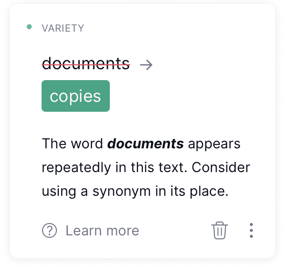 screenshot of Grammarly suggestions for a document that using the word "documents" repeatedly