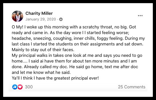 A FB post from a teacher praising her principal