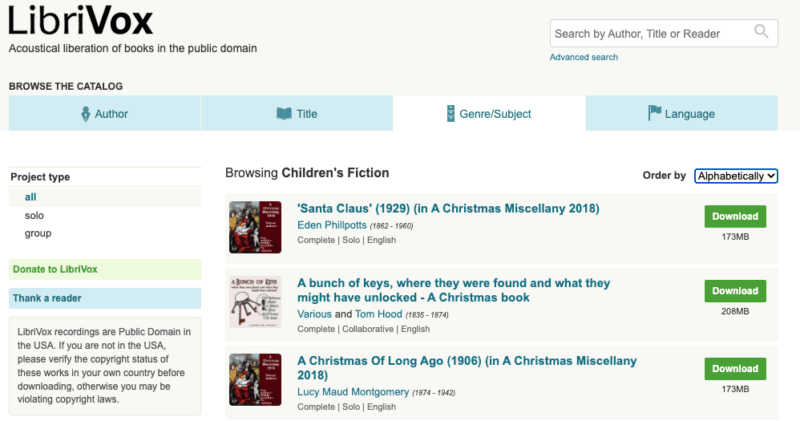 screenshot of LibriVox free audiobooks for kids site