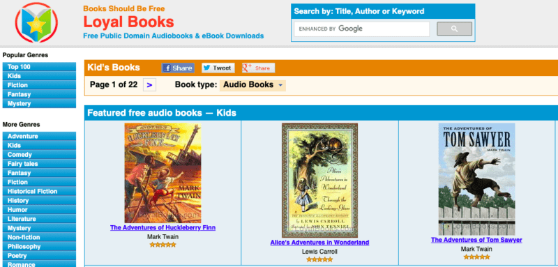 screenshot of LoyalBooks free audiobooks for kids site