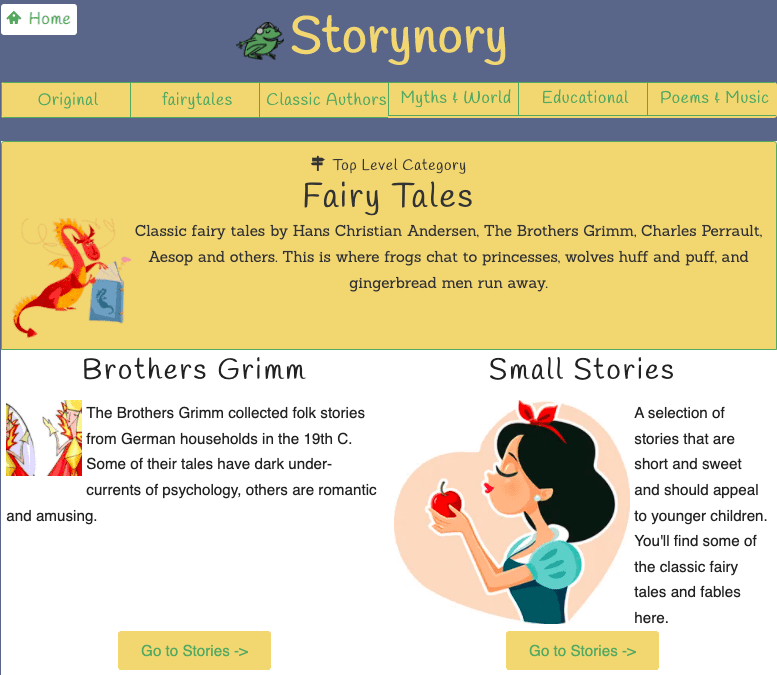 screenshot of Storynory free audiobooks for kids site