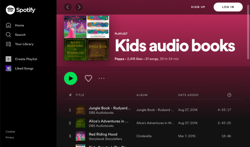 screenshot of Read Along with Spotify free audiobooks for kids site