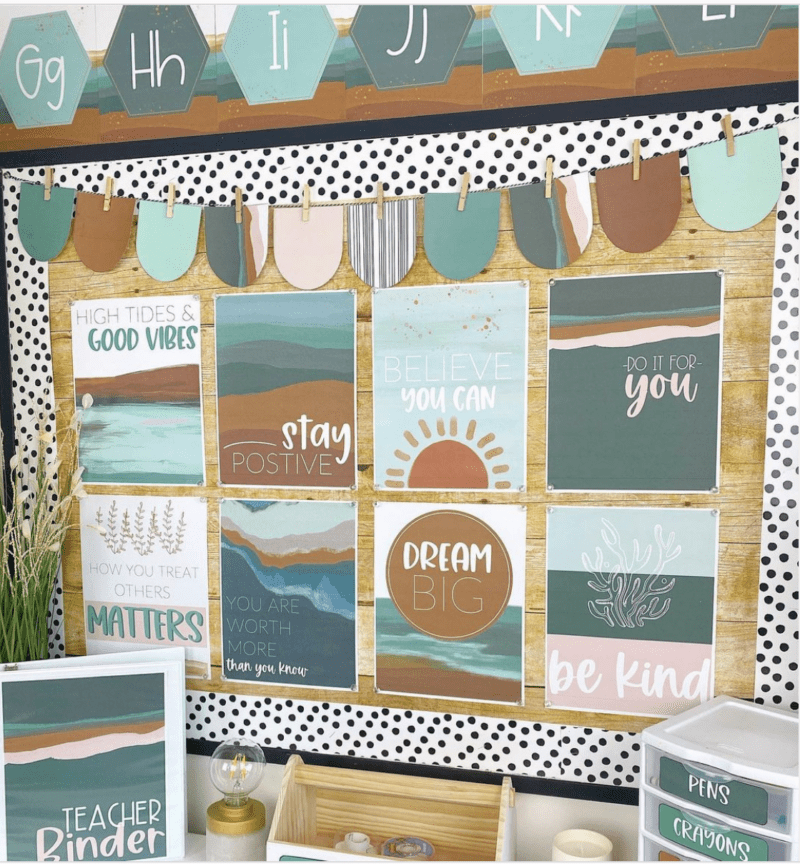 Classroom decorated with a coastal theme