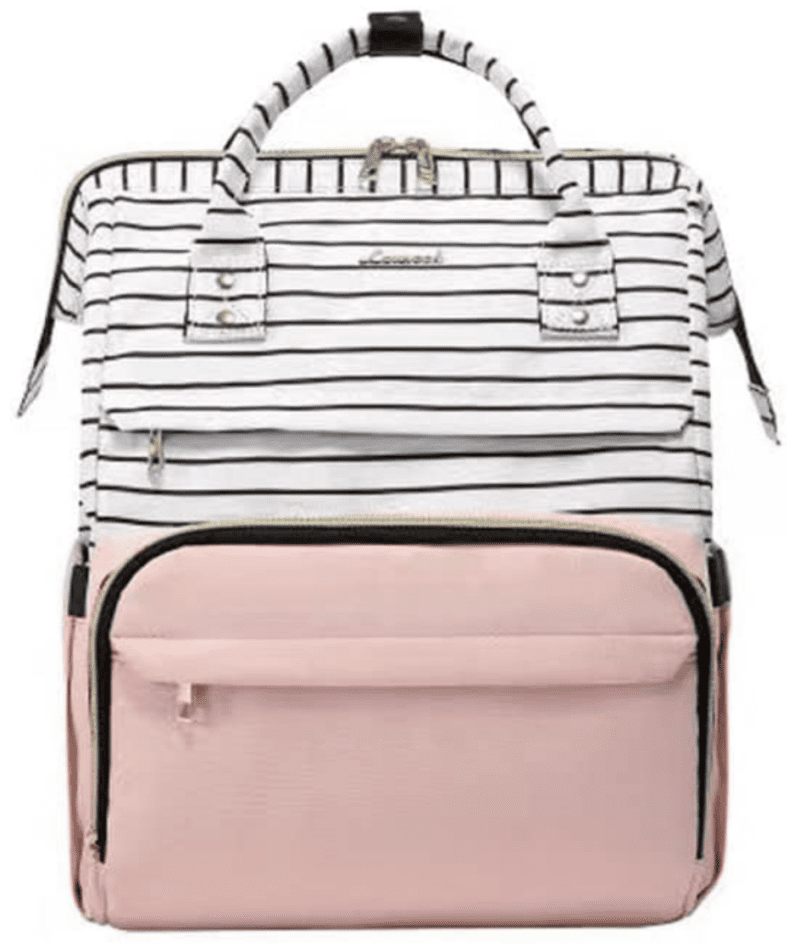 Black and white striped and pink backpack with pockets