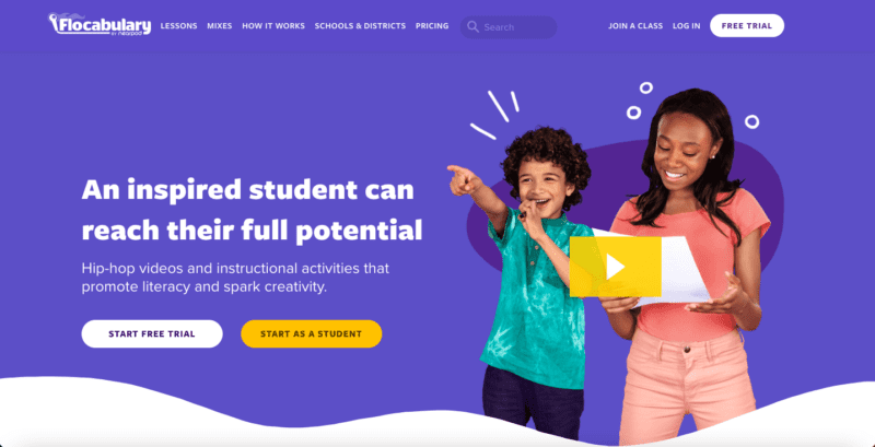 Flocabulary home page with image of kids pointing and laughing, as an example of Google Classroom apps