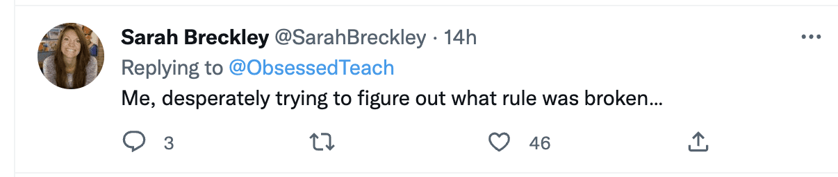 Screen shot of a tweet replying to original post about teacher sent home for wearing bell bottoms