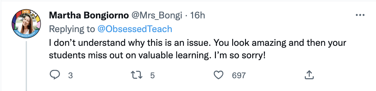 Screen shot of a tweet replying to original post about teacher sent home for wearing bell bottoms