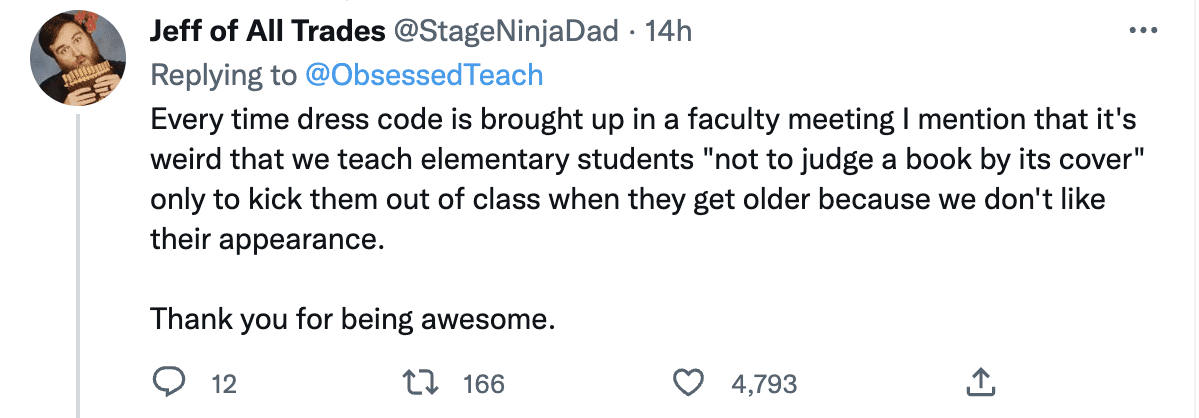 Tweet in response to teacher sent home for wearing bell bottoms