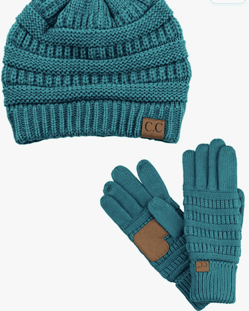 Teal gloves and beanie