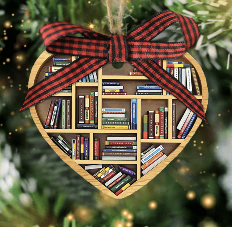 Bookshelf Ornament shaped like a heart- secret santa gift for teachers