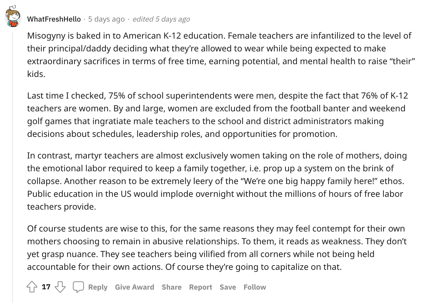 Screenshot from a reddit post on whether women teachers are treated worse