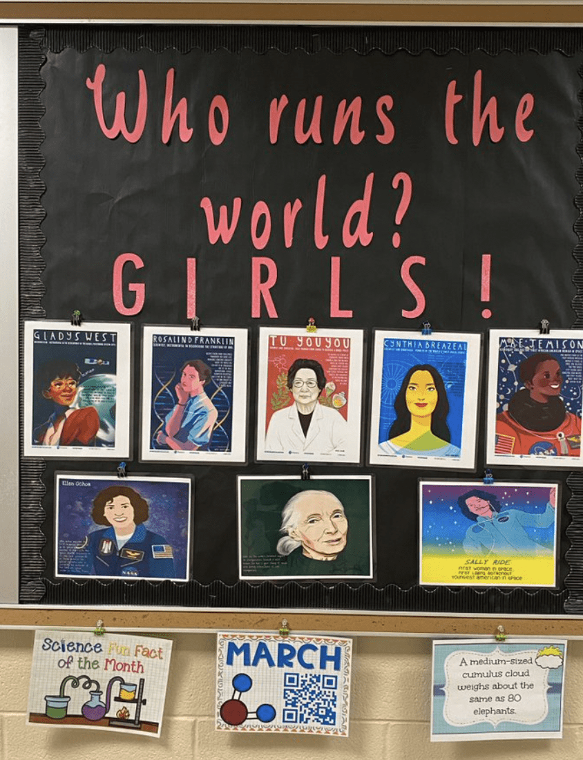 Bulletin board with words Who runs the world? GIRLS!