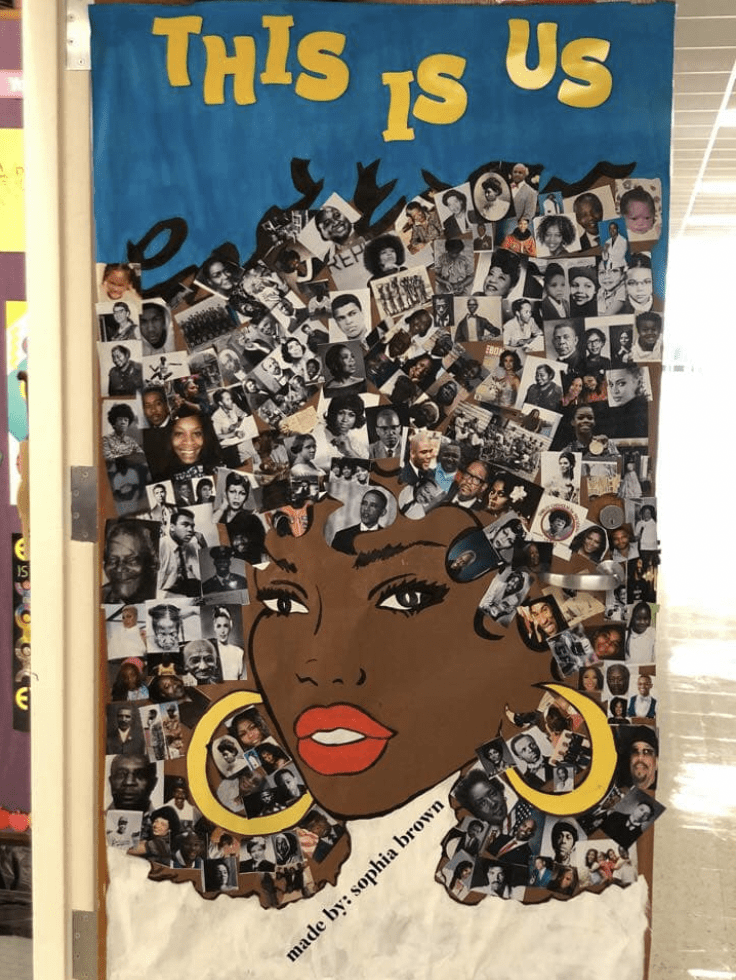 Door with words This Is Us and collage of Black History month icons faces