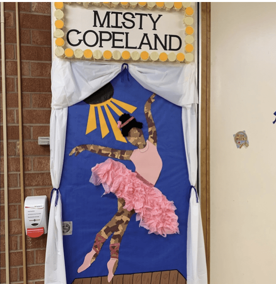 Door with drawing of young black ballerina and words Misty Copeland