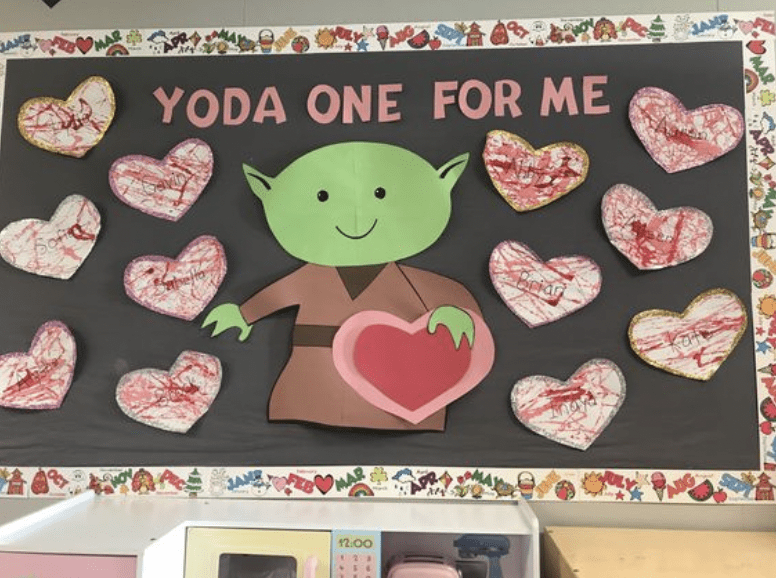 Bulletin board with cutout of drawing of Yoda and words Yoda one for me- Valentine's Day Bulletin Boards