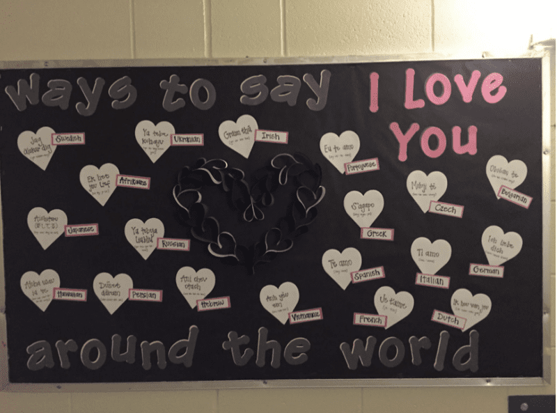 Bulletin board with cutouts of hearts and words Ways to say I love you