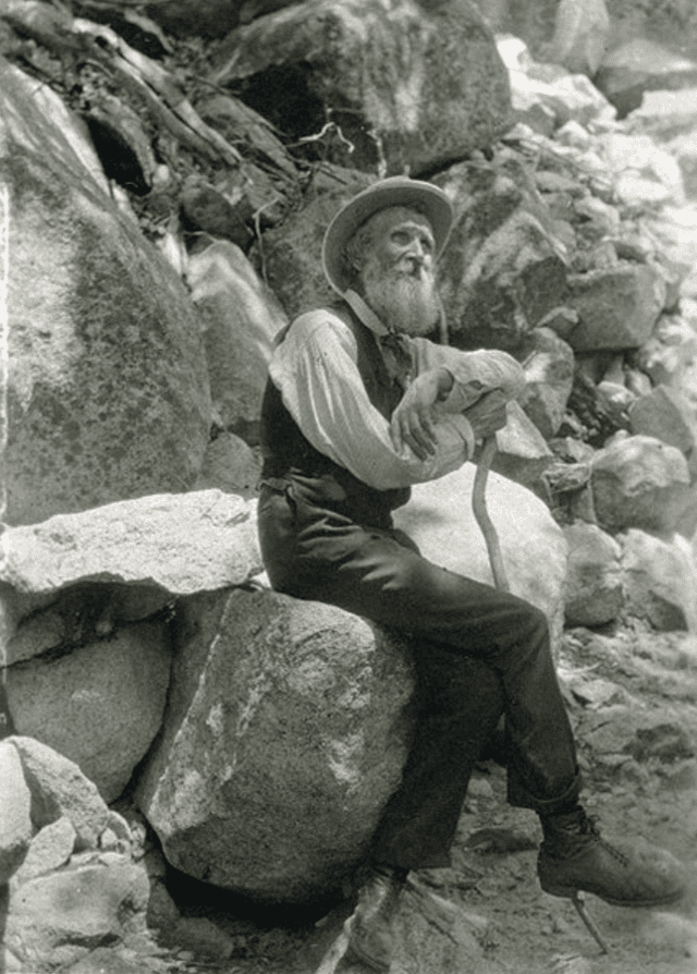 John Muir sitting on a stone ledge, as an example of famous scientists