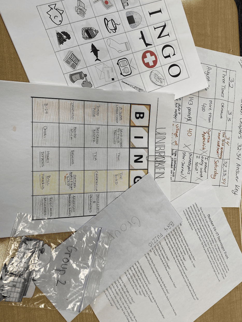 Loose sheets of paper with writing on them, as an example of English activities for high school