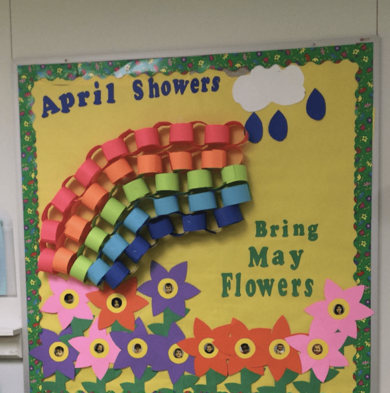 Bulletin board with words April Showers bring May Flowers