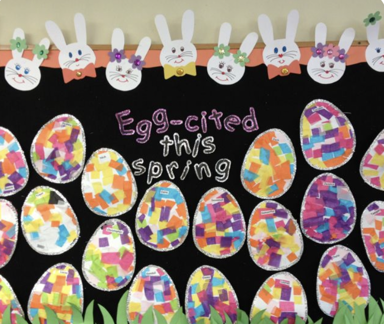 Bulletin board with words Egg-cited this Spring