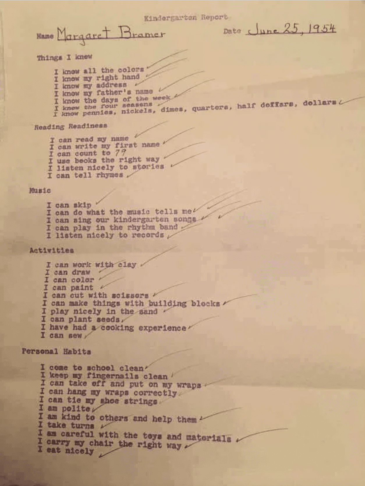 A 1954 kindergarten report card