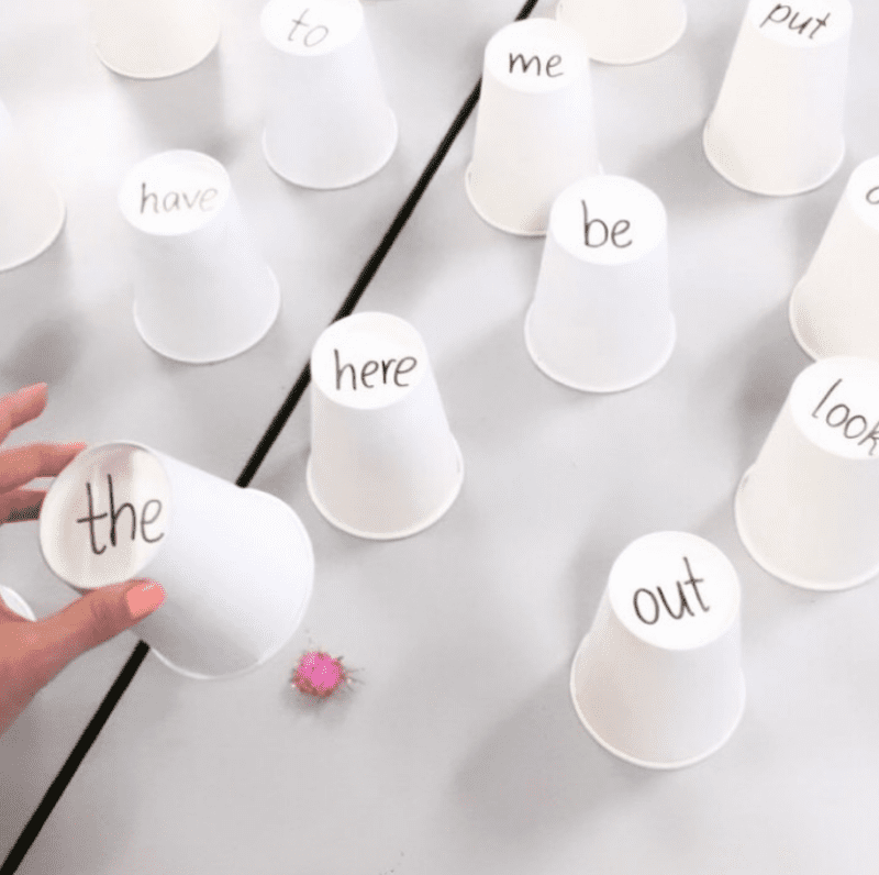 Search for pom poms under sight word cups