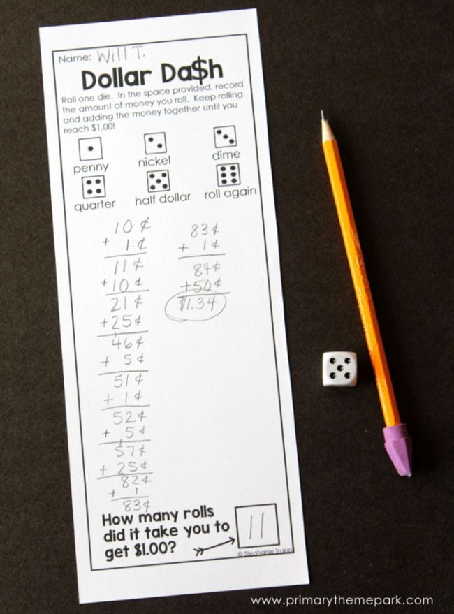 Worksheet labeled Dollar Dash with rules for playing the game and space to keep score