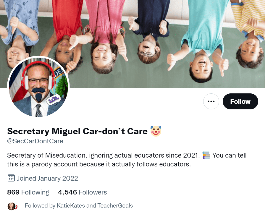 Twitter profile for Secretary Miguel Car-don't Care