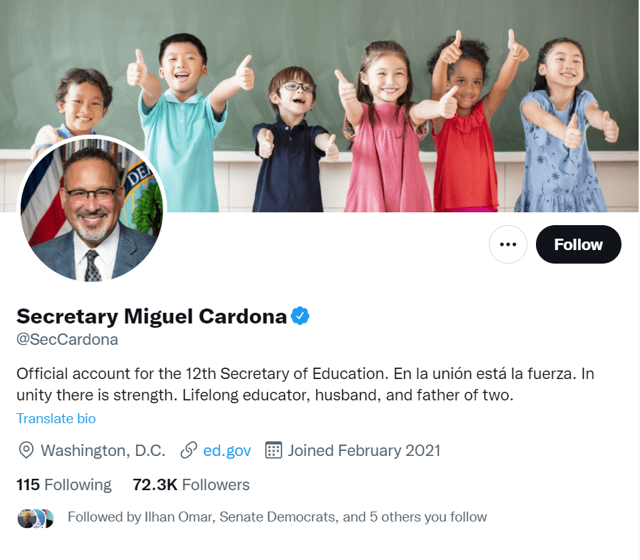 Twitter bio of Secretary Miguel Cardona