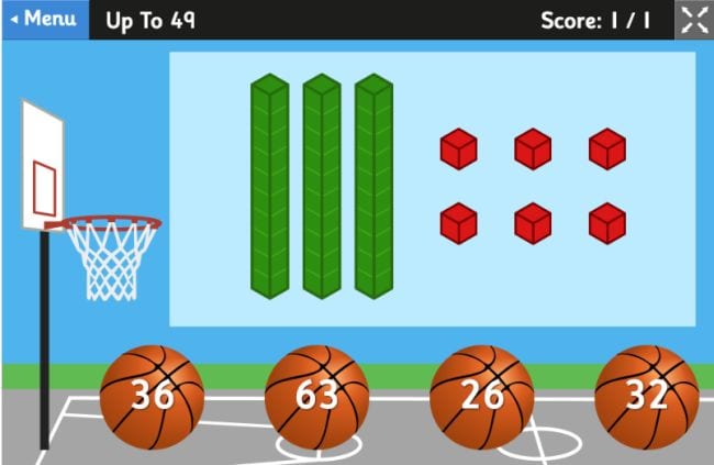 Image of basketball hoop, 4 basketballs with different numbers, and base 10 blocks showing 36