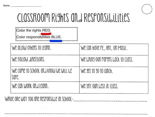 List of items to be colored red for rights and blue for responsibilities - Seesaw Activities