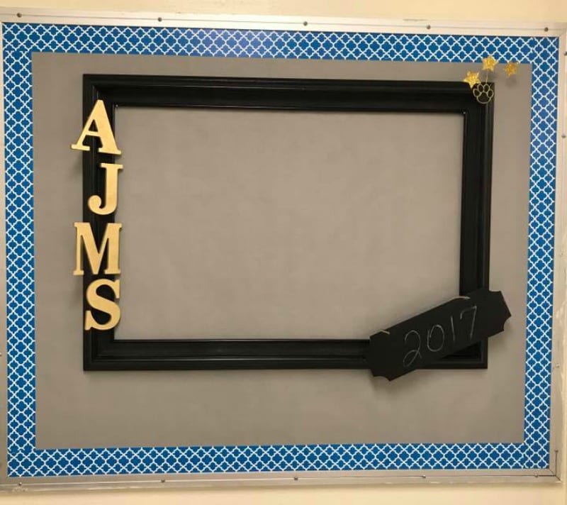 Selfie Frame bulletin board with school initials and the year