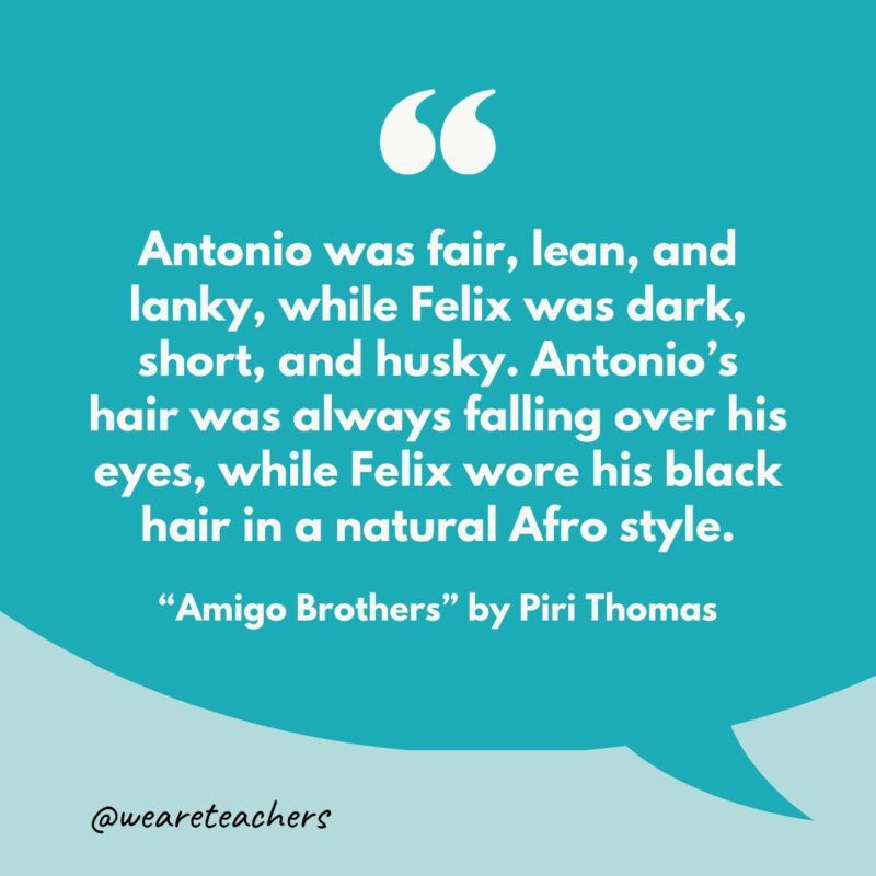 "Antonio was fair, lean, and lanky, while Felix was dark, short, and husky. Antonio’s hair was always falling over his eyes, while Felix wore his black hair in a natural Afro style."