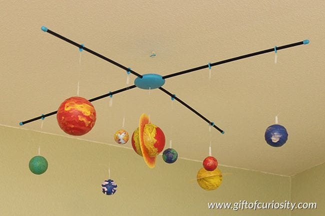 Space Activities for Kids Colorful mobile of the planets hanging from the ceiling 