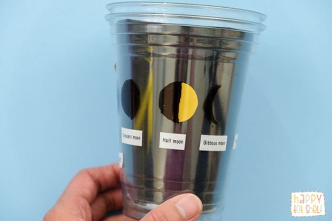 Dış bardağın çevresine çizilmiş ayın evreleri ile birlikte istiflenmiş iki plastik bardak