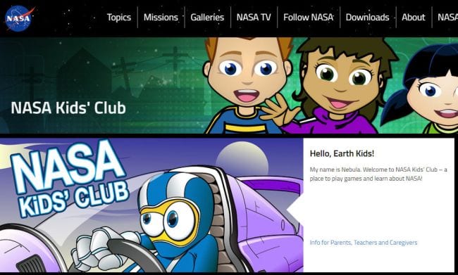 NASA çocuk kulübü web sitesinin ekran görüntüsü