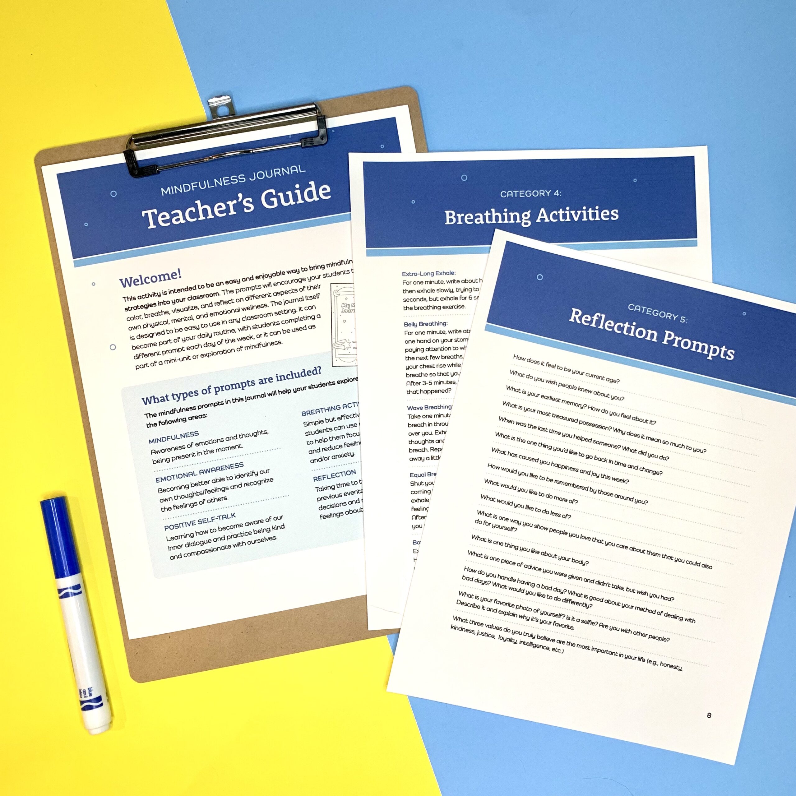 Photo of teacher's guide pages of the mindfulness journal on a yellow and blue background