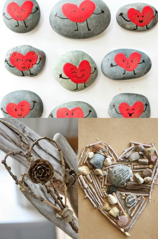 The top of the image shows hearts painted on rocks. The bottom image shows hearts constructed of pine cones and sticks. (Valentine's Day Crafts for Preschoolers)