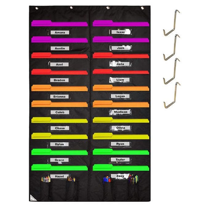 Black pocket chart with multicolored file folders as student mailboxes
